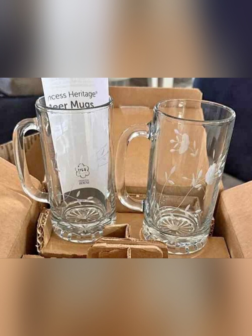 Princess House Clear Glass Beer Mugs with Etched Floral Motif - Set of 2
